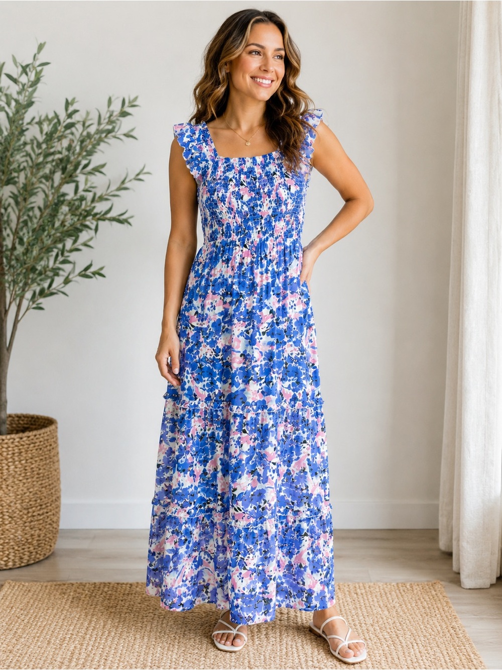 MELLODAY Blue Floral Ruffle-Sleeve Maxi‎ Dress S